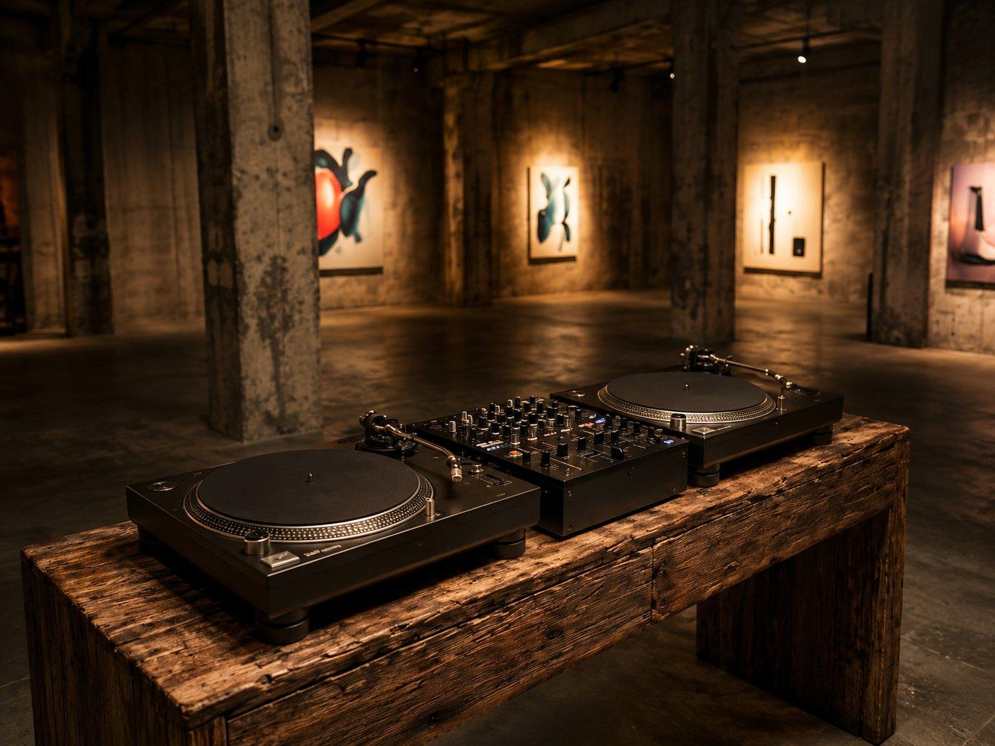 Equipo de DJ con dos giradiscos y mesa de mezclas en una sala industrial